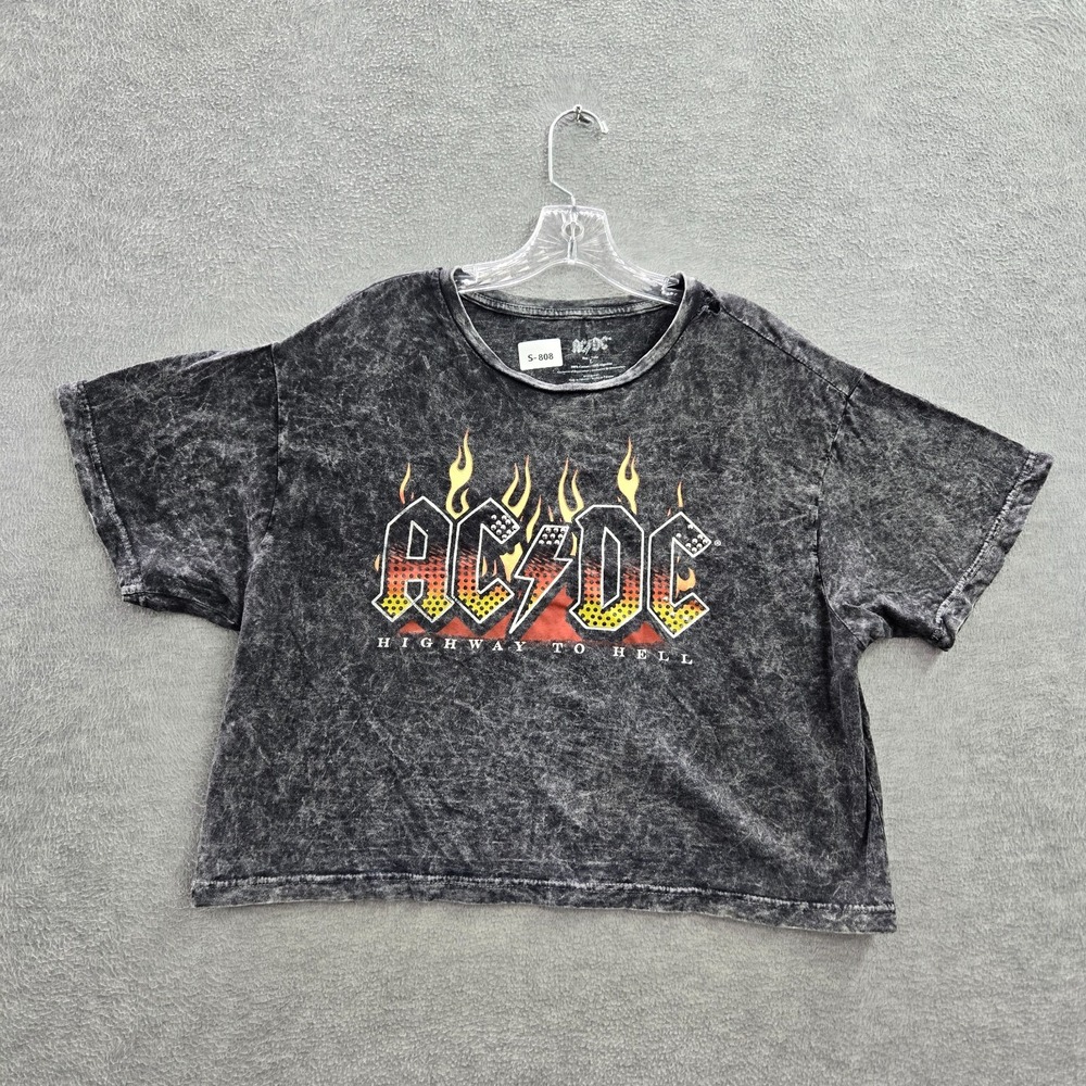 acdc Women Top Large Gray Acid Wash Cropped Shirt Logo Highway To Hell Tee READ